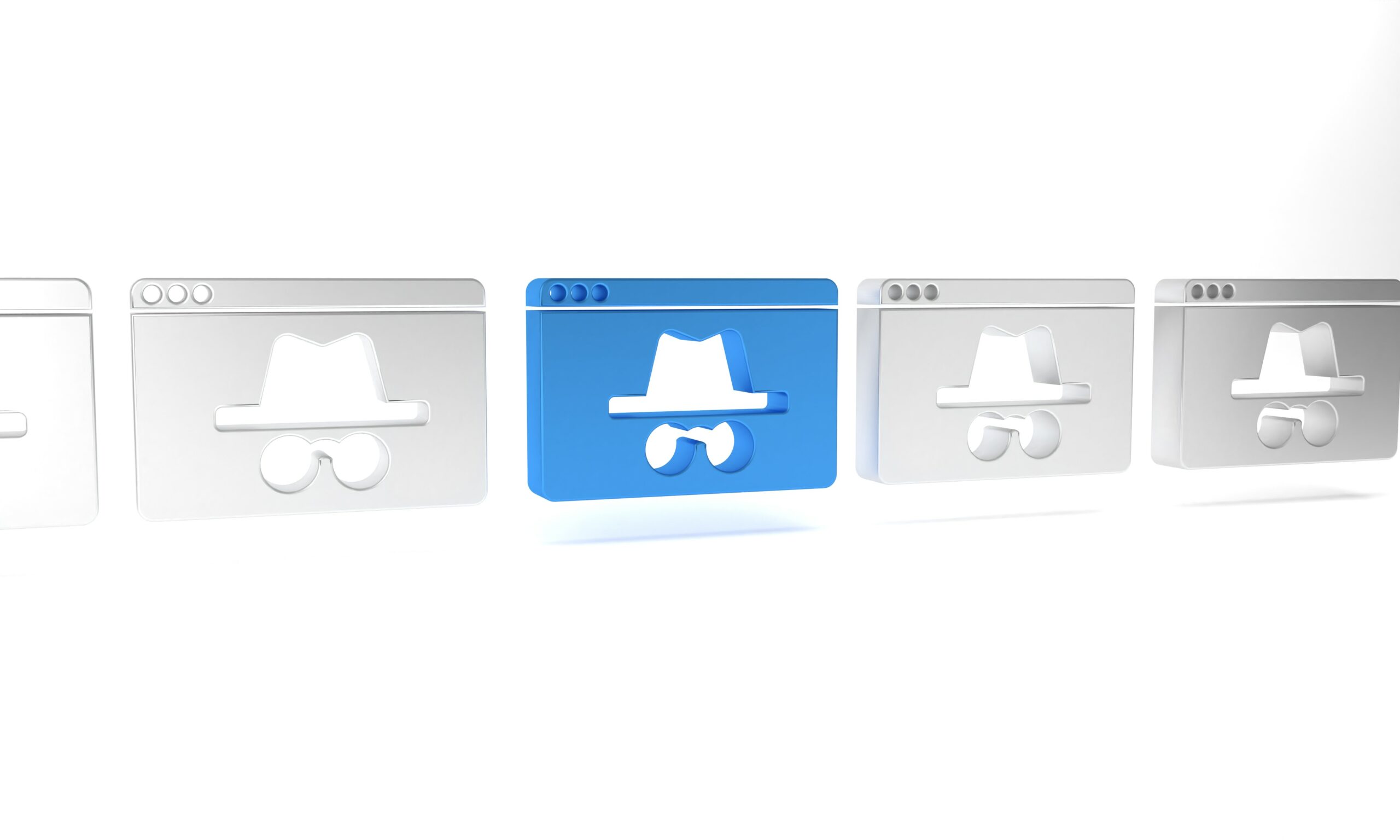 Four browser windows each displaying an incognito mode icon, three in gray and one highlighted in blue. The icon consists of a hat and glasses, symbolizing private browsing mode. The background is plain white.