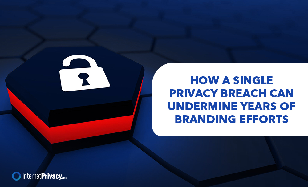 A hexagonal shape with a padlock icon sits on a dark background. Next to it, text reads, "How a single privacy breach can undermine years of branding efforts." The image underscores the grave implications of privacy breaches on brand reputation.