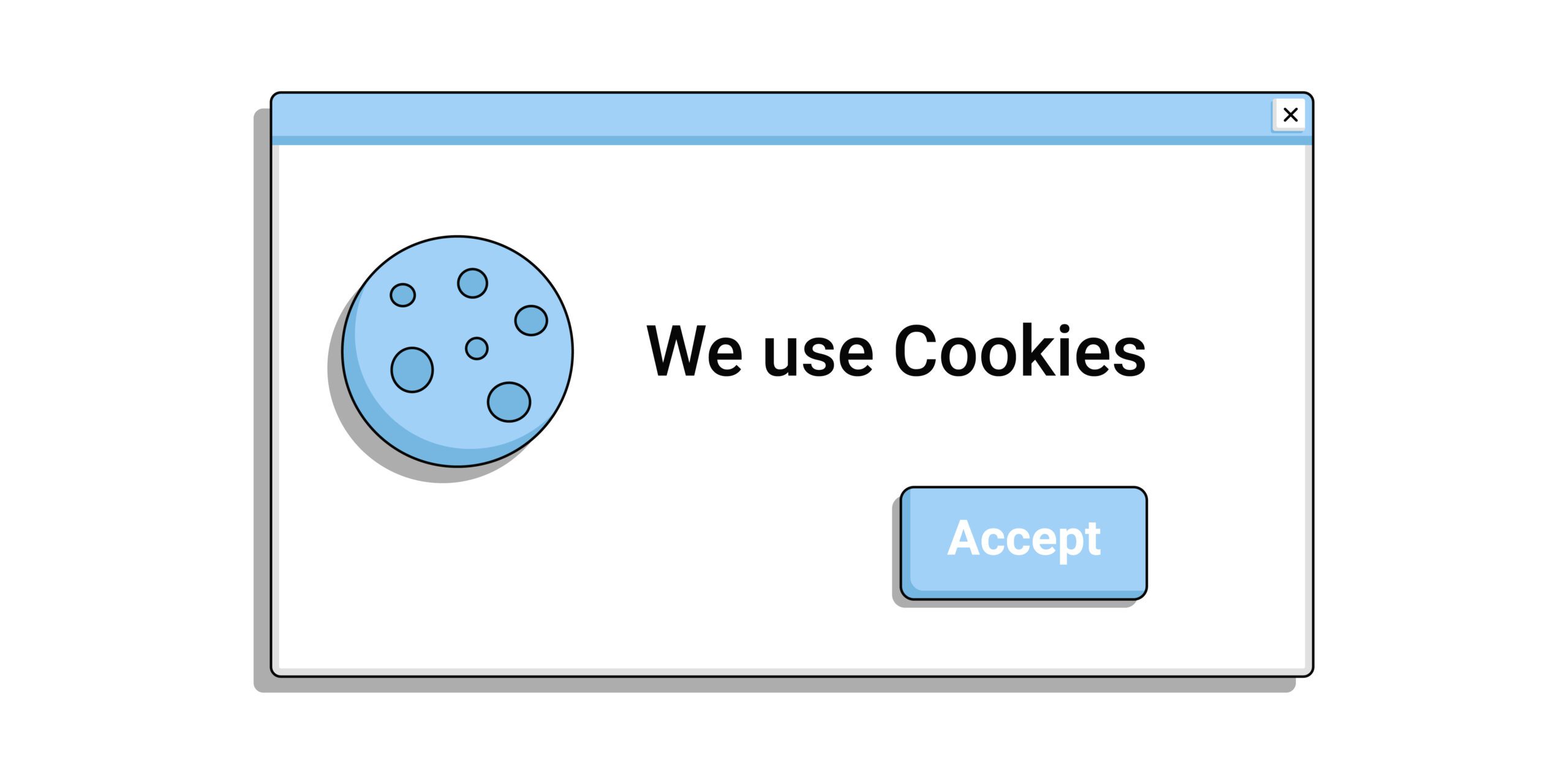 Illustration of a pop-up window with an image of a cookie and text that reads "We use Cookies." Below the text is a blue "Accept" button. The window has a blue header.