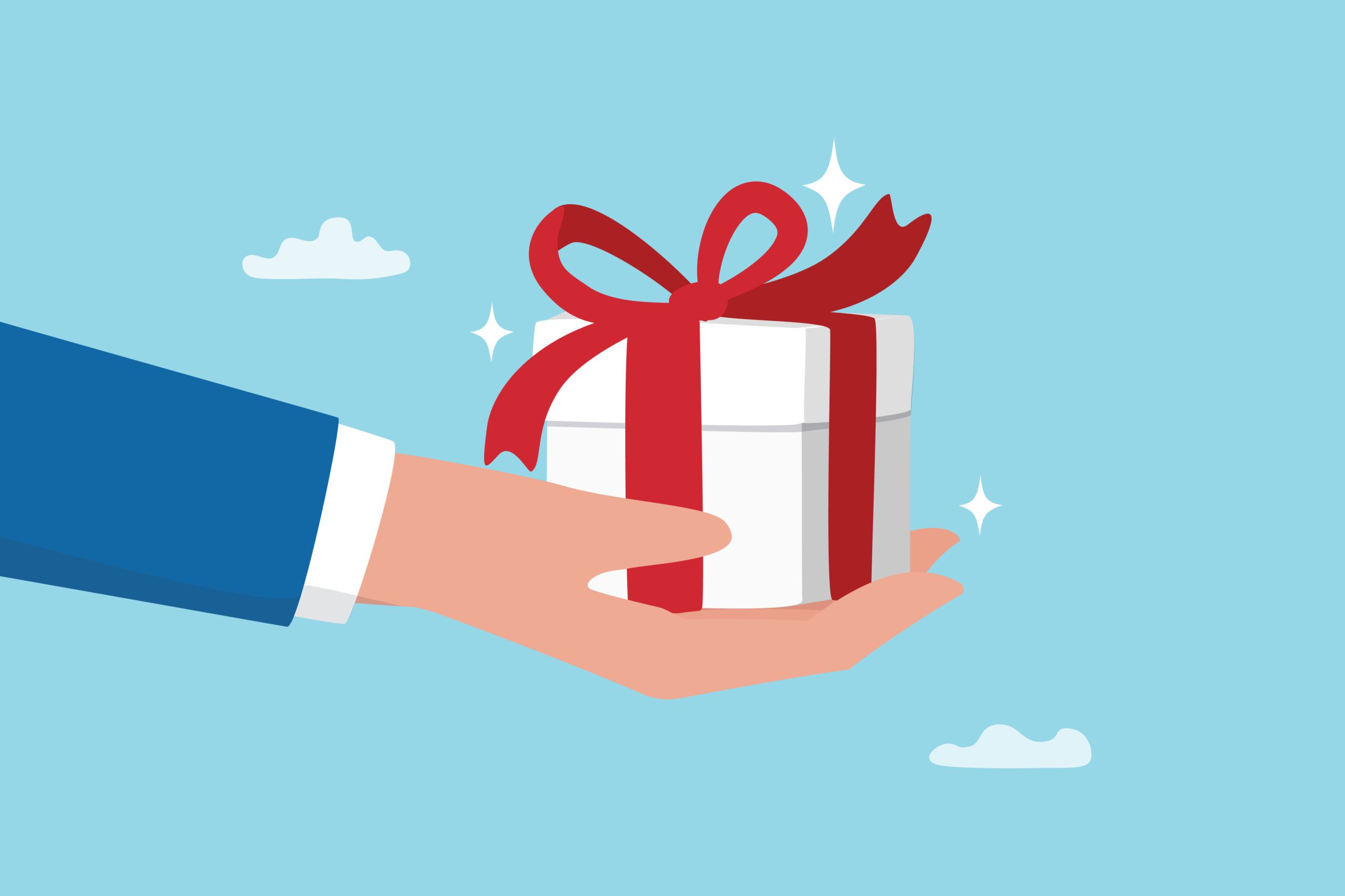 Illustration of a hand holding a white gift box with a red ribbon and bow against a light blue background with small clouds. The box sparkles, and the hand is dressed in a blue suit sleeve.