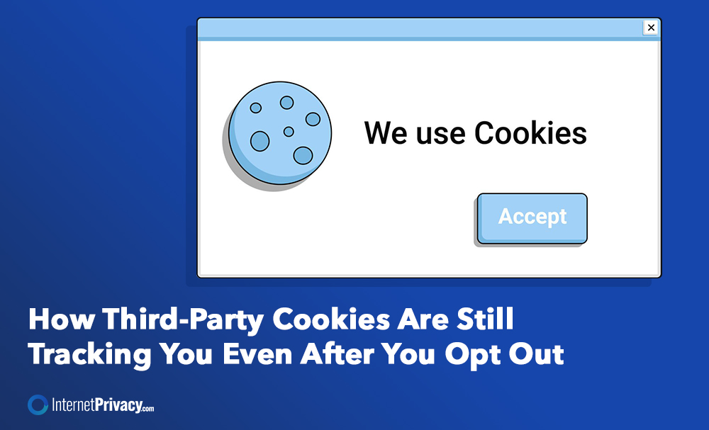 A browser popup displays a blue cookie icon, text reading "We use Third-Party Cookies," and an "Accept" button. Below, a headline warns, "How Third-Party Cookies Are Still Tracking You Even After You Opt Out.