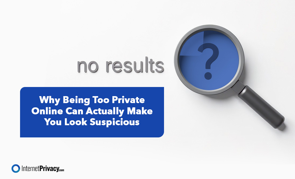 A magnifying glass with a question mark is placed over the words "no results." A blue box in the foreground reads, "Why Being Too Private Online Can Actually Make You Look Suspicious." The InternetPrivacy.com logo appears below.