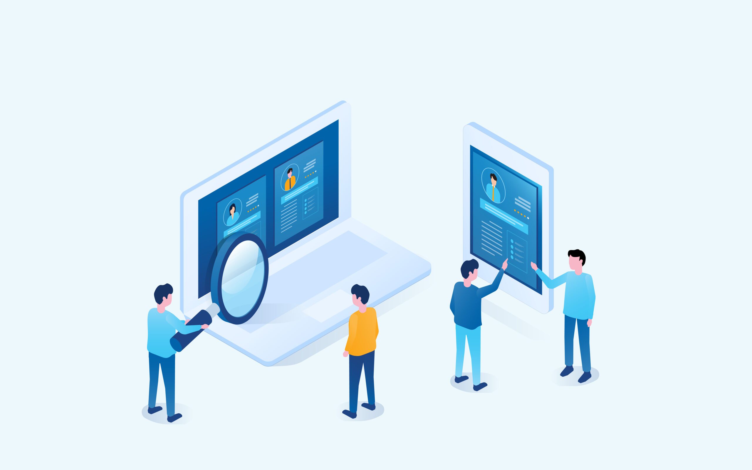 Illustration of four people interacting with large digital profiles on screens, one using a magnifying glass, representing online recruitment, job search, or digital identity verification.