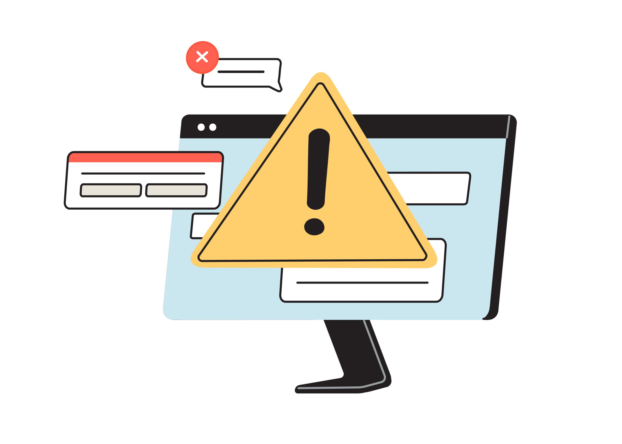 A computer monitor with a large yellow warning sign in front, pop-up windows, and an error message symbolizing a system or application error.