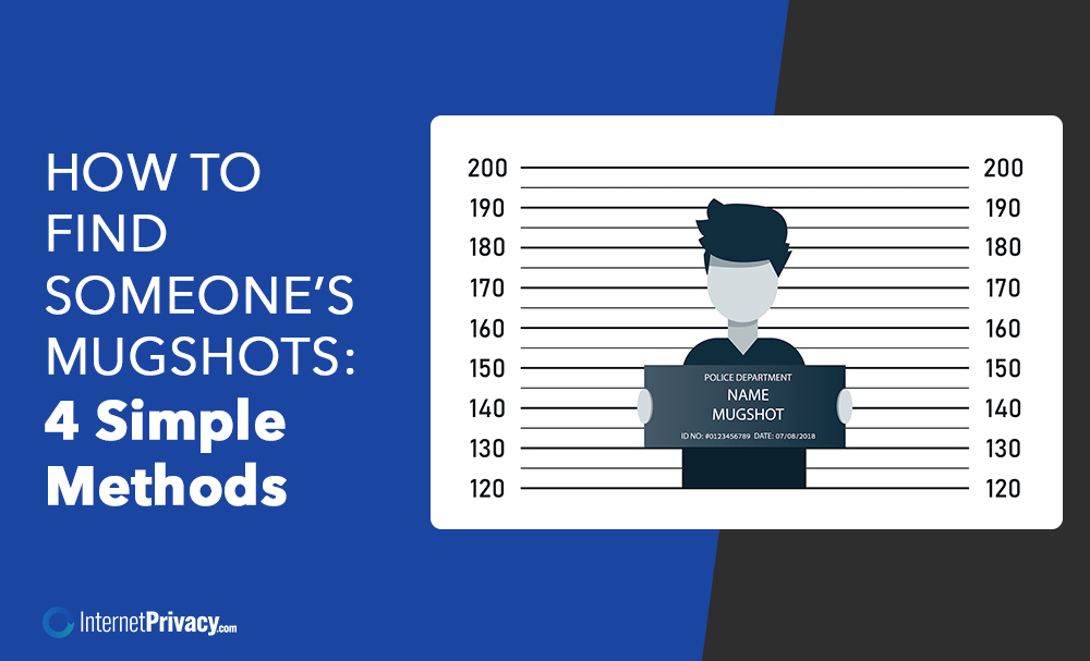 Illustration of a mugshot board with a person holding a sign, alongside text reading “How to find someone’s mugshots: 4 simple methods.” An “Internet Privacy” logo is featured at the bottom.