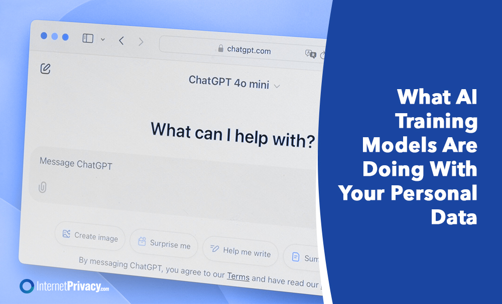 A computer screen displays the ChatGPT interface with the text "What can I help with?" Next to it, large bold text asks, "What Are AI Training Models Doing With Your Personal Data?.