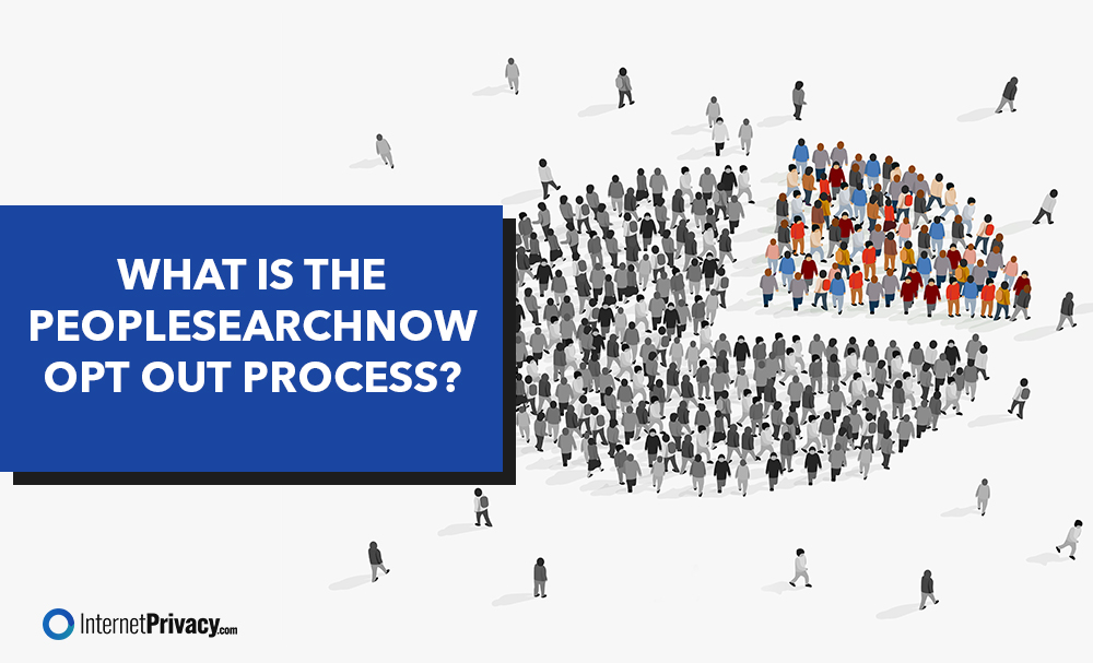 Illustration of a pie chart built from small human figures, with one colored slice. A blue box on the left asks, “What is the PeopleSearchNow Opt Out process?” InternetPrivacy.com logo appears at the bottom.