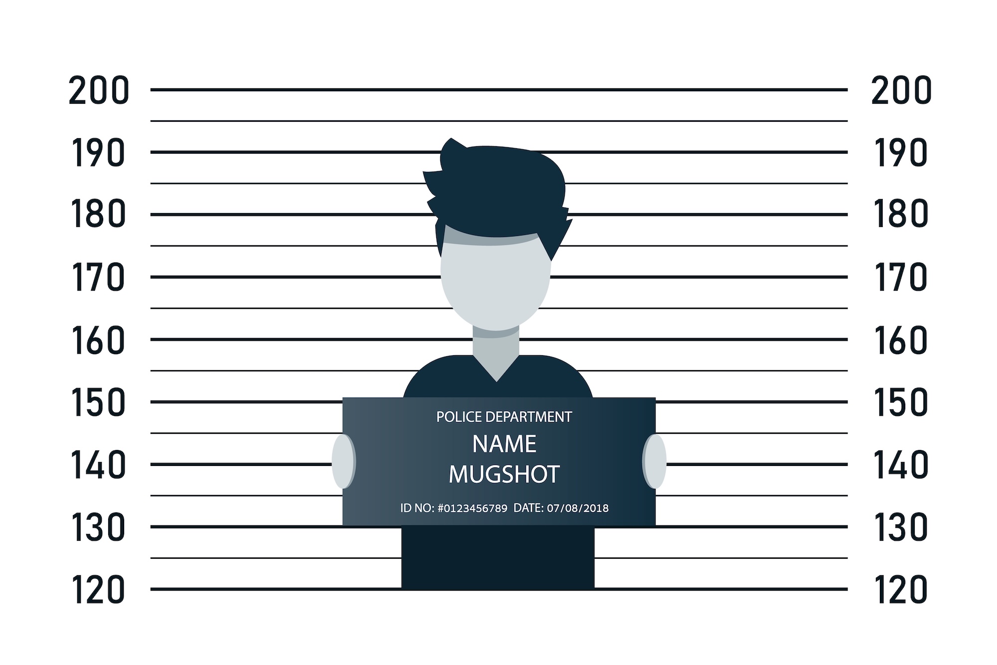 Illustration of a person holding a mugshot board in front of a police lineup height chart, marked from 120 to 200 centimeters. Perfect for articles explaining how to find someone's mugshots or illustrating police procedures.