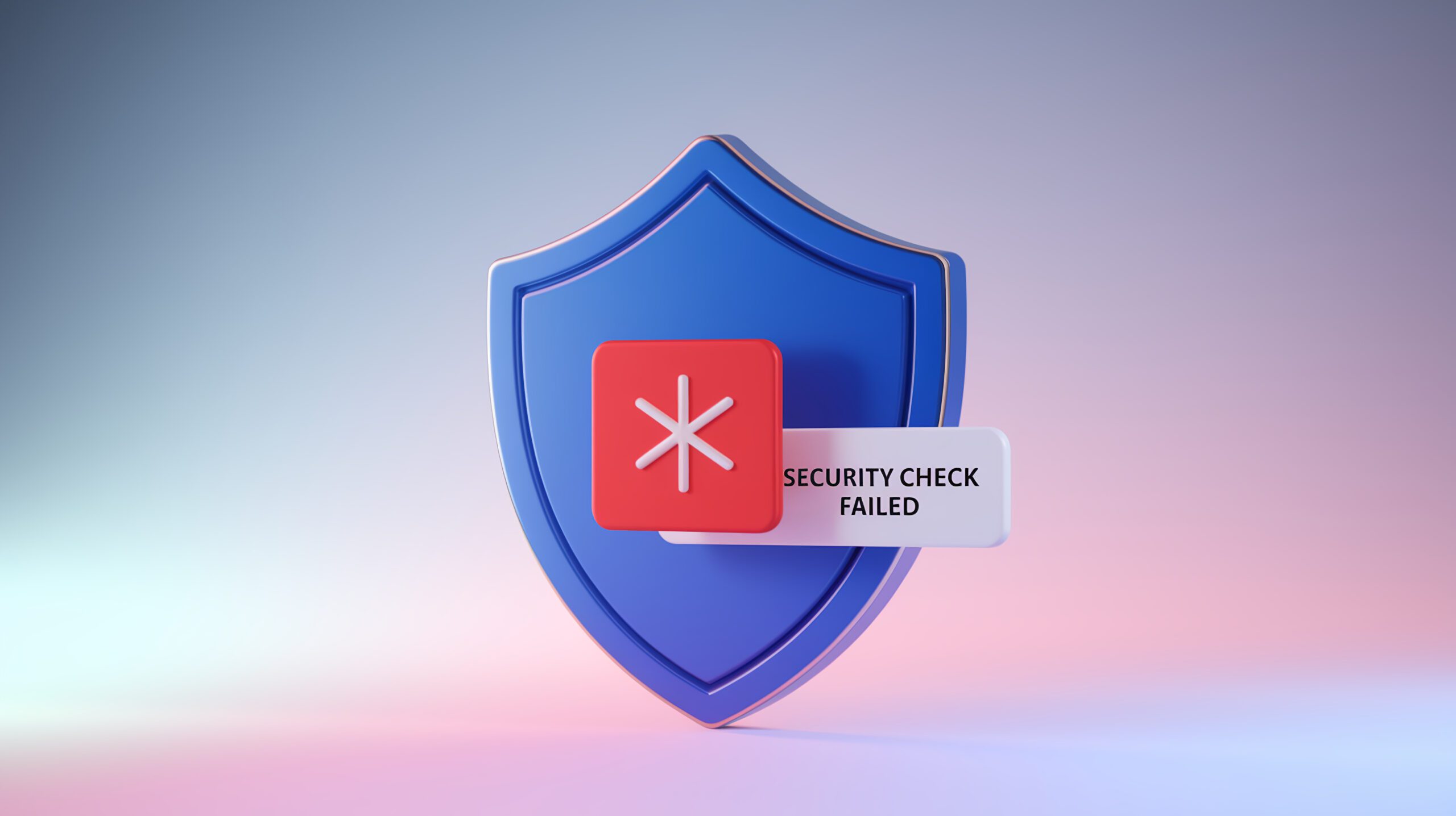 A blue shield icon with a red symbol and a sign that reads "Security Check Failed" on a gradient background, representing a failed security or authentication process.