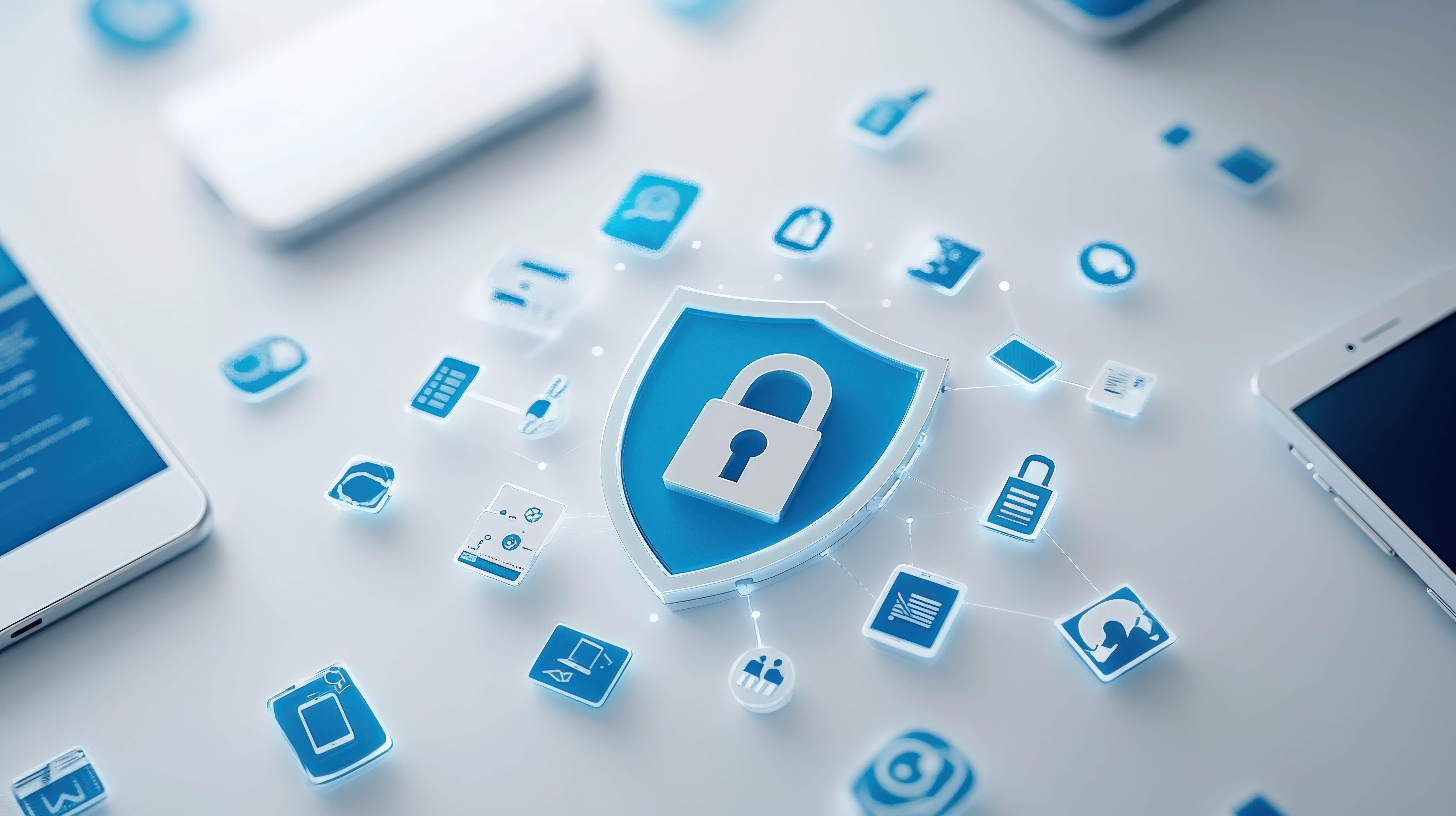 A digital shield with a padlock icon in the center is surrounded by floating security and technology icons, representing cybersecurity, on a light background with blurred smartphones and tablets.