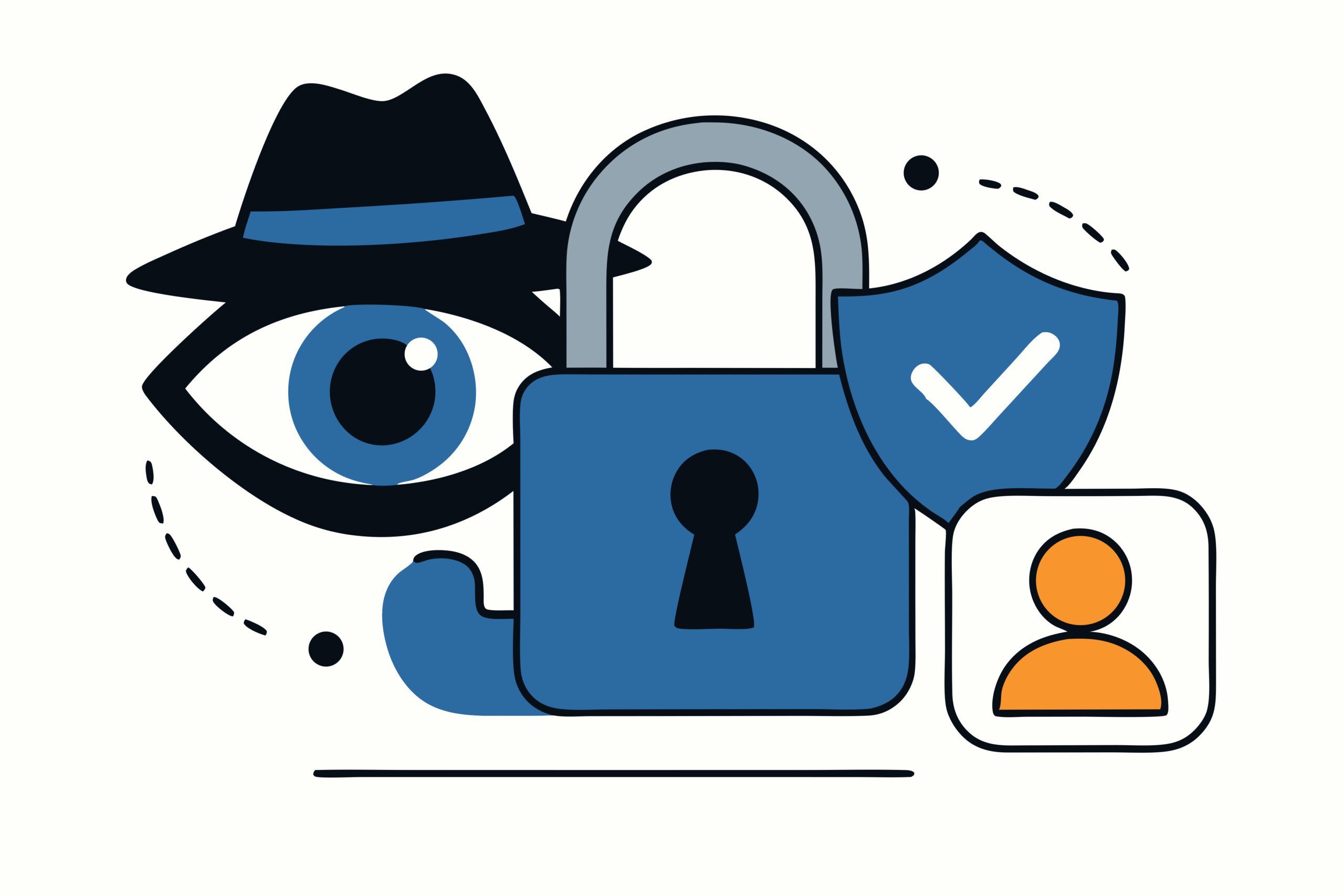 Illustration of a padlock, a shield with a checkmark, an eye with a hat, and a user icon, symbolizing cybersecurity, privacy, and data protection.