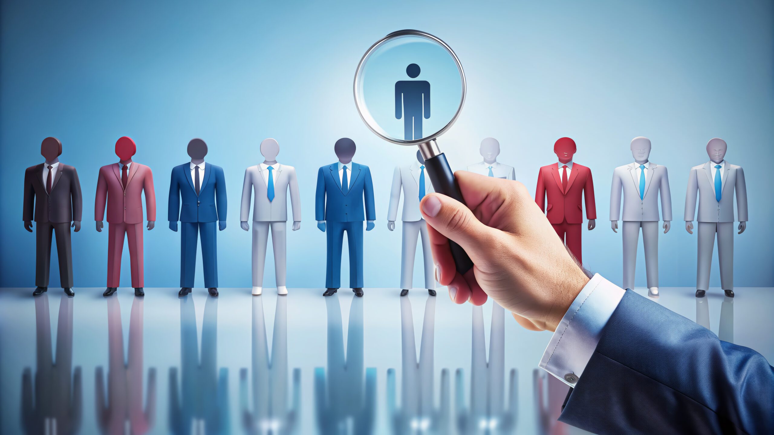 A row of stylized human figures in business attire stand side by side; a hand holds a magnifying glass that highlights one figure, symbolizing selection or recruitment.