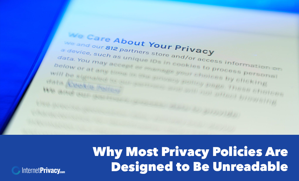 A blurred screenshot of privacy policies with highlighted text, overlaid by a blue banner at the bottom that reads, "Why Most Privacy Policies Are Designed to Be Unreadable.