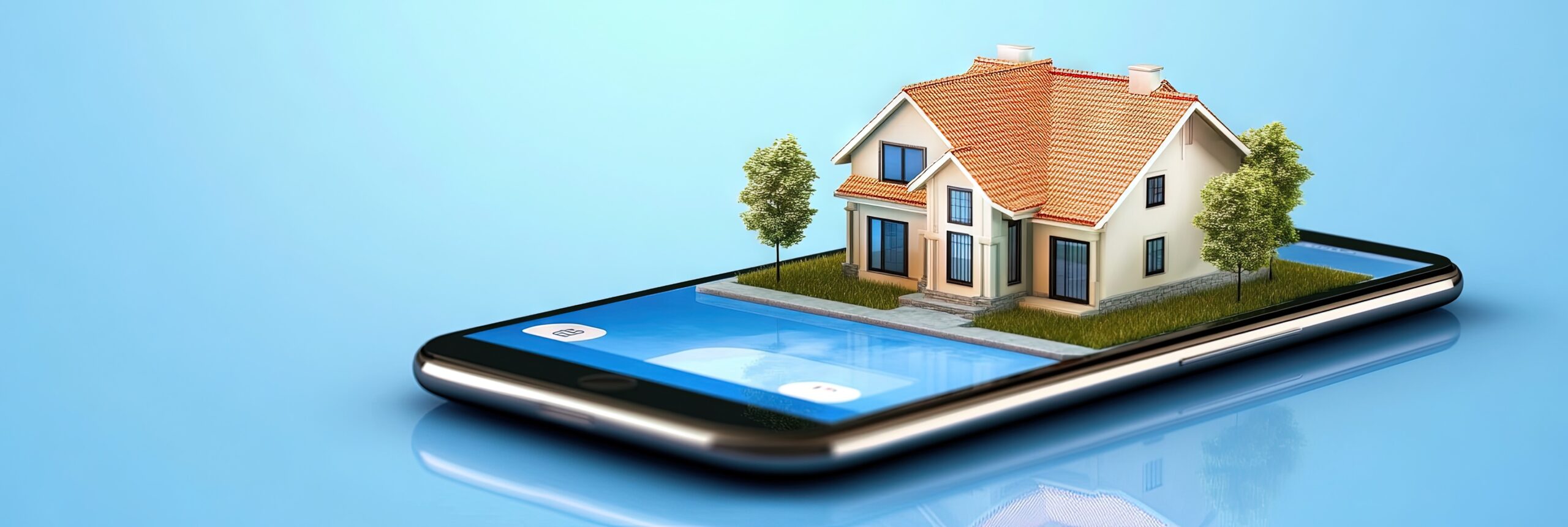 A smartphone with a 3D model of a house, grass, and two trees displayed on its screen, creating the illusion that the house is sitting on top of the phone against a blue background.