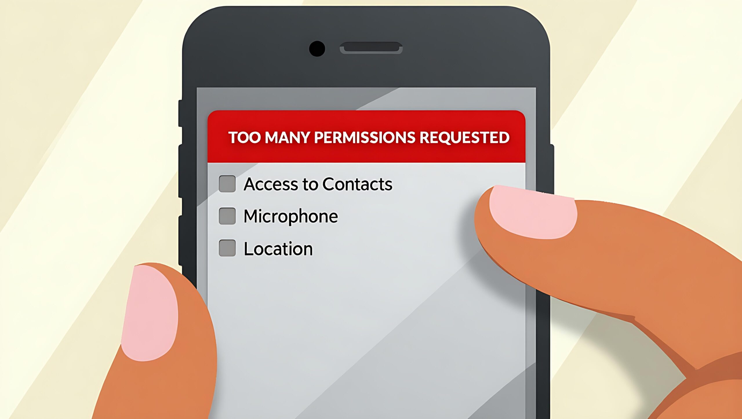 A person holding a smartphone displaying a warning that says "TOO MANY PERMISSIONS REQUESTED" with a list including Access to Contacts, Microphone, and Location.