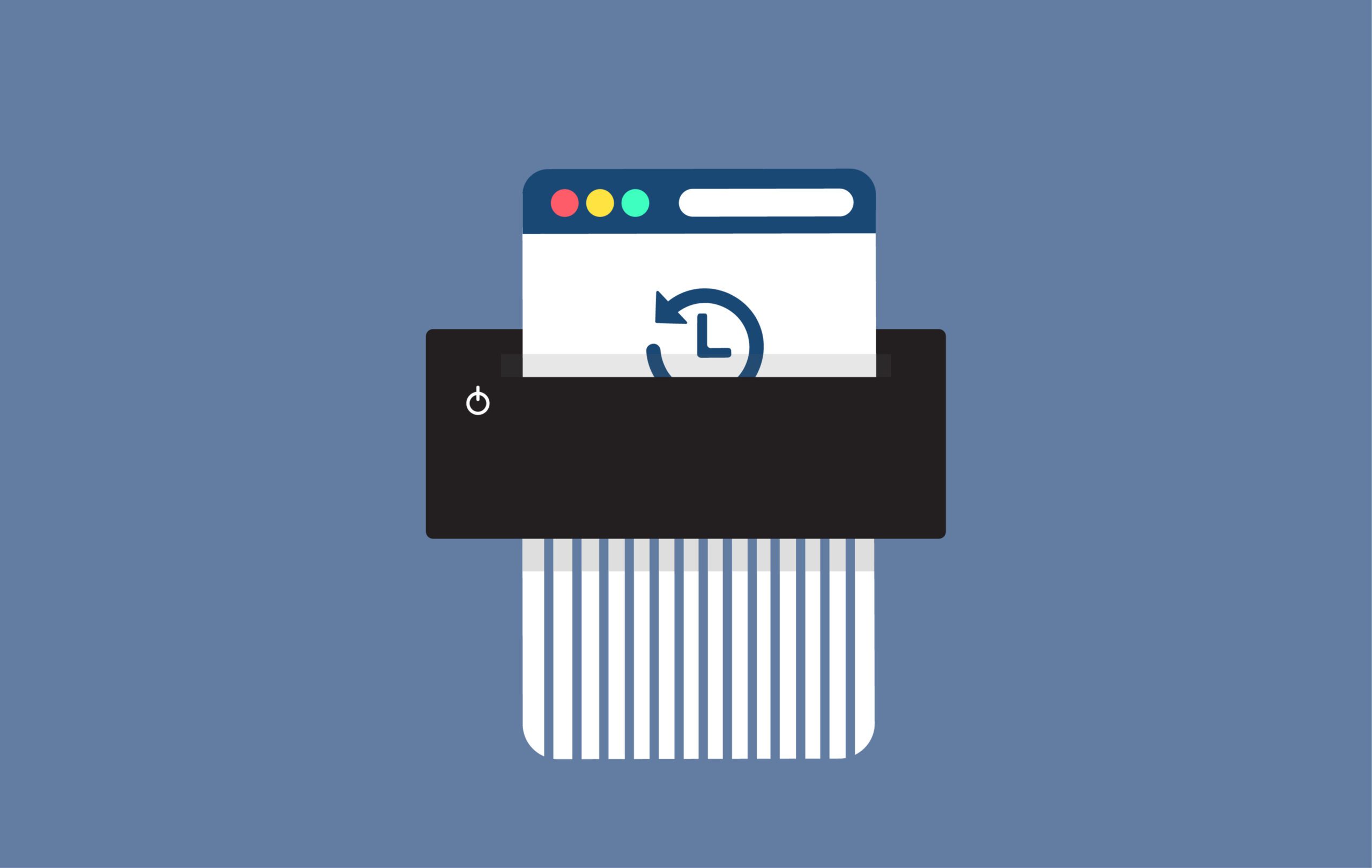 A browser window with a clock and arrow symbol is being shredded by a document shredder, symbolizing deletion or erasure of browsing history, on a blue background.