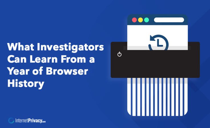 Illustration of a browser window with a clock icon being shredded, highlighting "What Investigators Can Learn From a Year of Browser History." The InternetPrivacy.com logo is displayed in the corner.