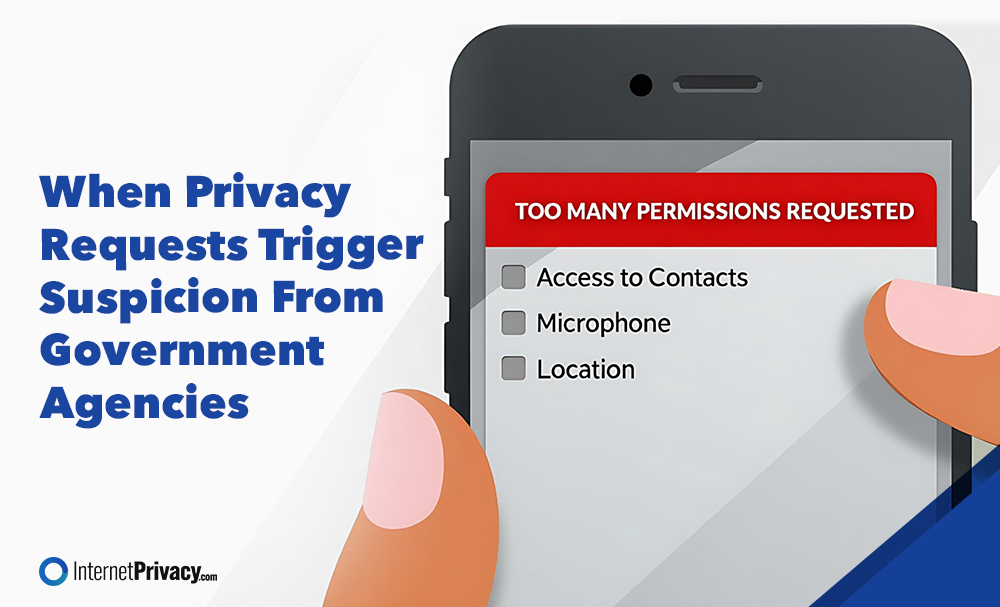 A hand holds a smartphone showing a warning, "Too Many Permissions Requested," with options for contacts, microphone, and location. On the left: "When Privacy Requests Trigger Suspicion From Government Agencies.