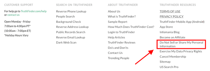 A website footer menu with links under various headings. A red box and arrow highlight the "Do Not Sell or Share My Personal Information" link under the "TRUTHFINDER RESOURCES" section, guiding users who wish to block Truthfinder from sharing data.