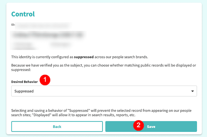 A screenshot of a “Control” settings page showing options to set a record’s visibility, such as "block truthfinder." “Suppressed” is selected in the “Desired Behavior” dropdown. “Back” and “Save” buttons appear at the bottom.