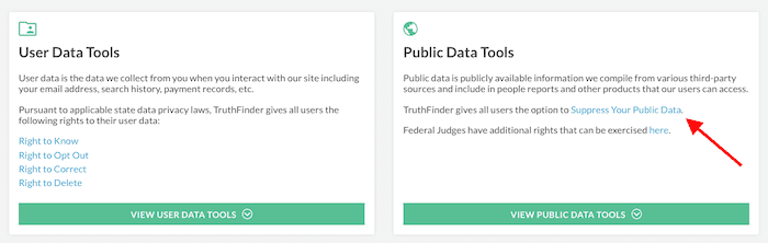 Screenshot showing "User Data Tools" with user rights links, and "Public Data Tools" featuring a "Suppress Your Public Data" link, highlighted by a red arrow. Use these options to block TruthFinder access. Each section includes a green button below.