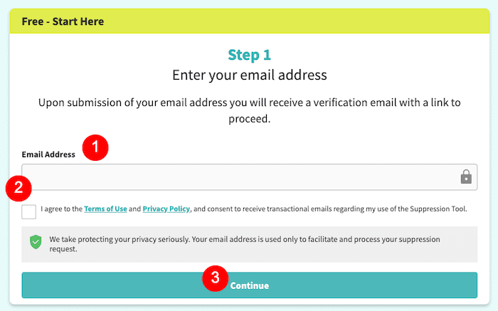 A web form titled "Step 1: Enter your email address" with input fields for email, a checkbox to agree to terms, a privacy note about block TruthFinder, and a blue "Continue" button at the bottom.