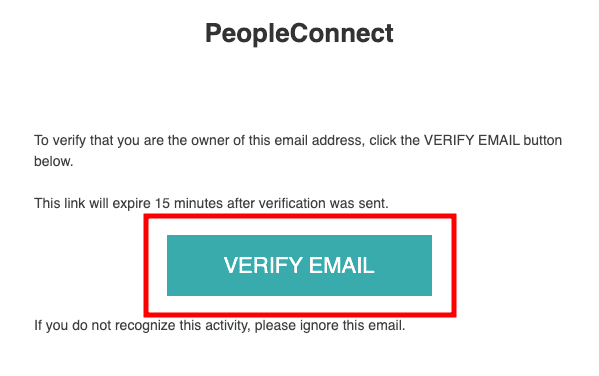 A verification email from PeopleConnect, featuring a large teal "VERIFY EMAIL" button highlighted by a red box, prompts the user to confirm their email address within 15 minutes to block TruthFinder access.