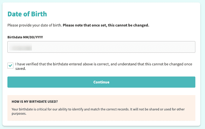 A form asking for date of birth with a checkbox for verification and a "Continue" button. A highlighted box below explains how your birthdate will not be shared, used for other purposes, or sent to block TruthFinder services.