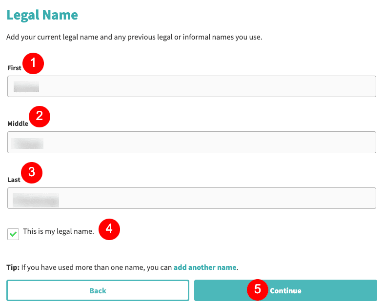 A form titled "Legal Name" with fields for first, middle, and last names, a checkbox labeled "This is my legal name," and buttons for "Back" and "Continue." A tip offers the option to add another name or block TruthFinder results.