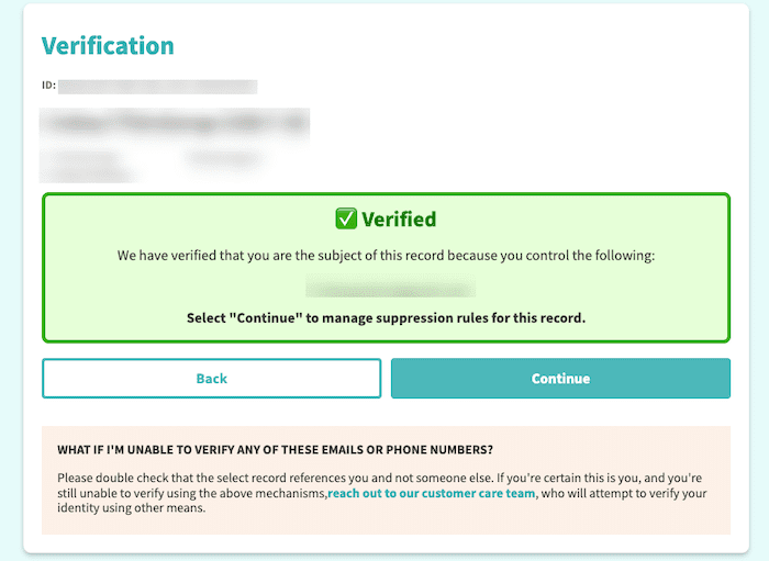 A verification screen confirming the user's identity, featuring a green "Verified" box. Options include "Back" or "Continue," plus guidance on what to do if unable to verify emails or phone numbers due to a block or Truthfinder issue.