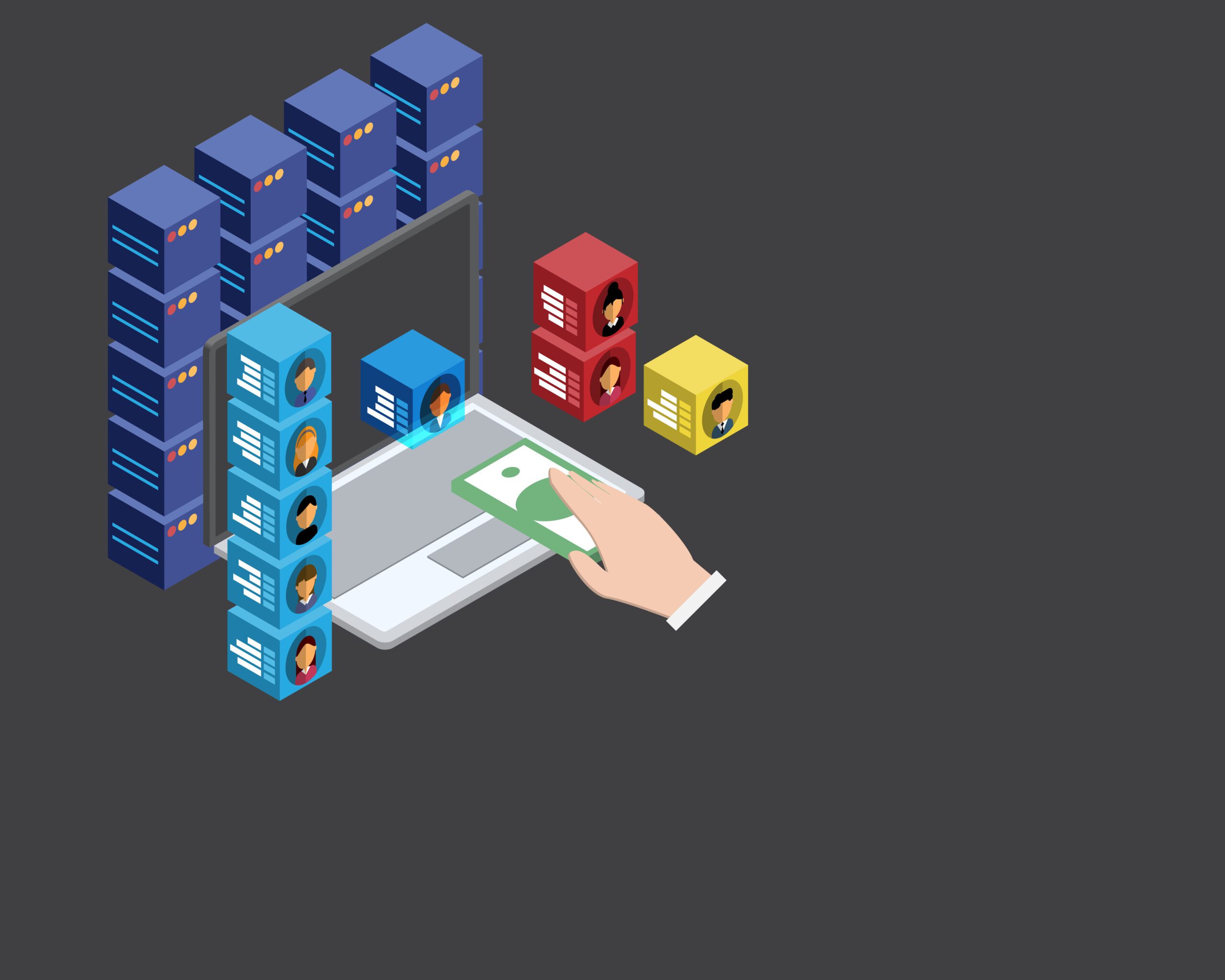 An illustration of a hand holding money over a laptop, surrounded by colored server towers and cubes with user profile icons, representing online transactions or data exchanges.