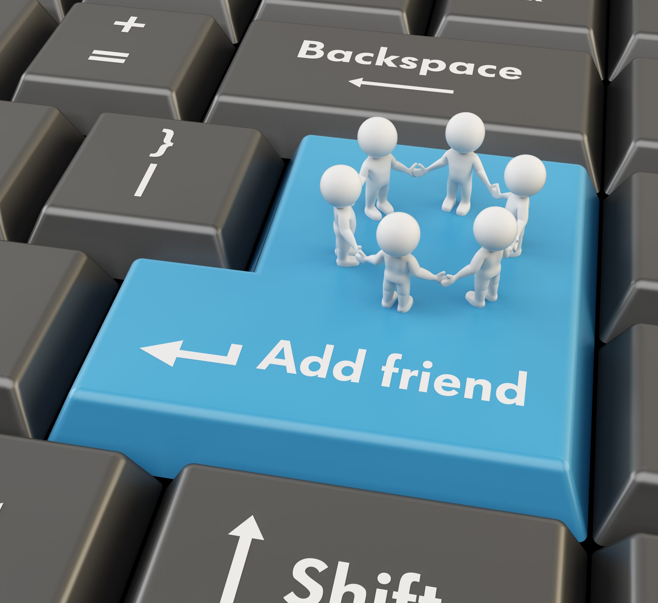 A large blue "Add friend" key on a computer keyboard, featuring six white 3D stick figures holding hands in a circle on top of the key. Surrounding keys include "Backspace" and "Shift.
