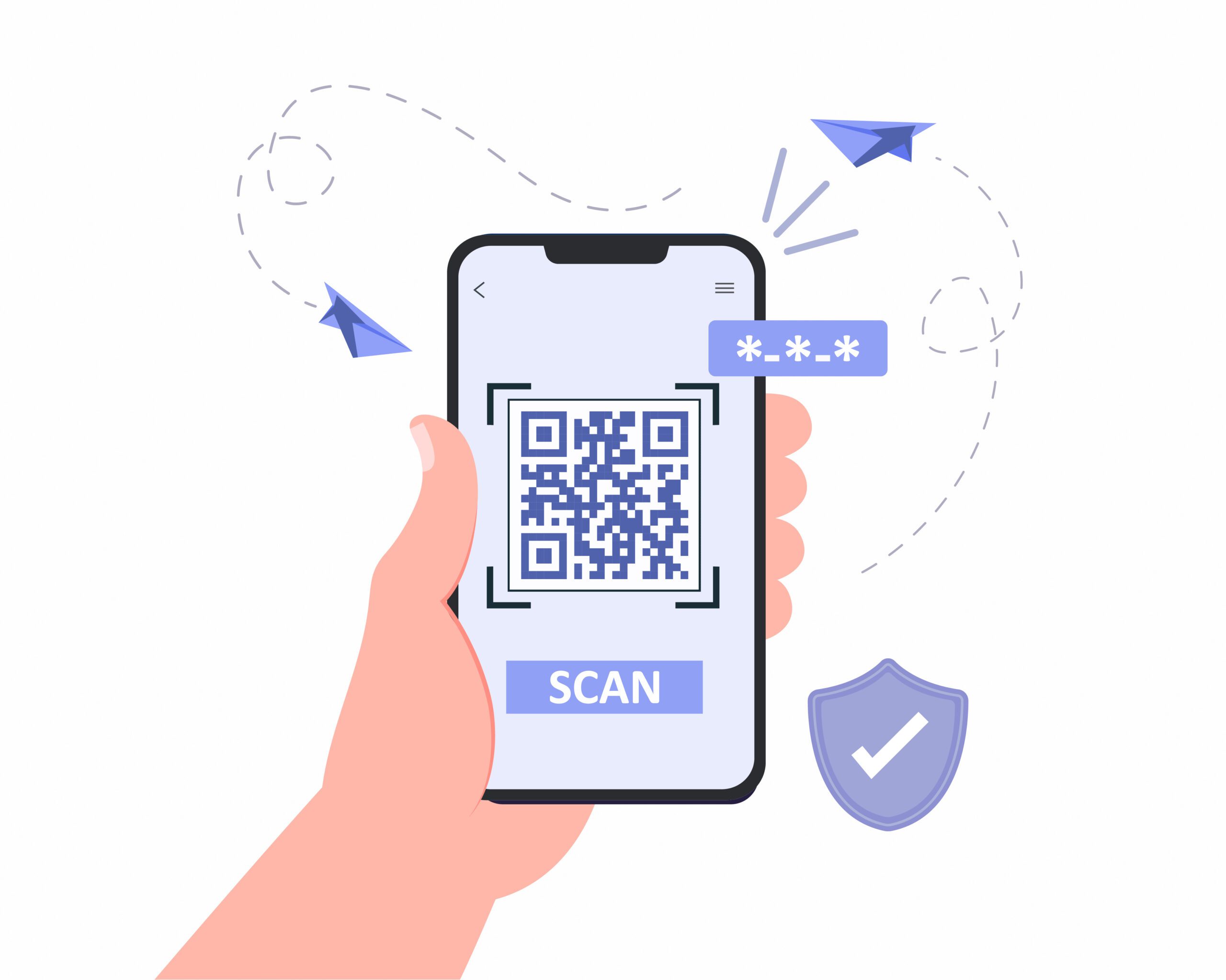 A hand holds a smartphone displaying a QR code with a "SCAN" button below it. Paper planes and a shield with a check mark are in the background, suggesting digital security and scanning.