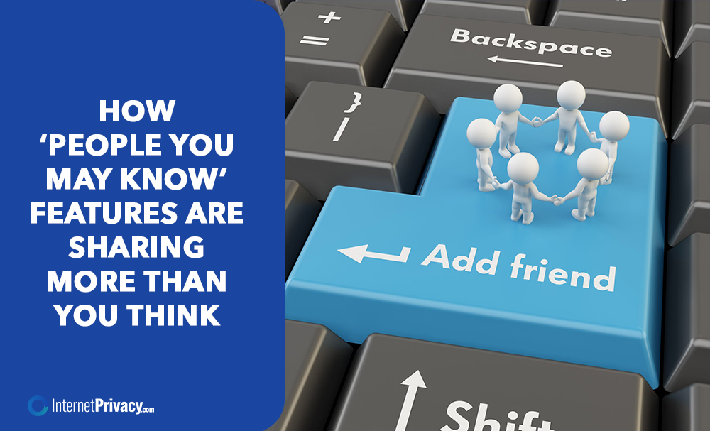 A large blue "Add friend" key on a keyboard with small white figures holding hands in a circle, alongside text: "How People You May Know features are sharing more than you think.
