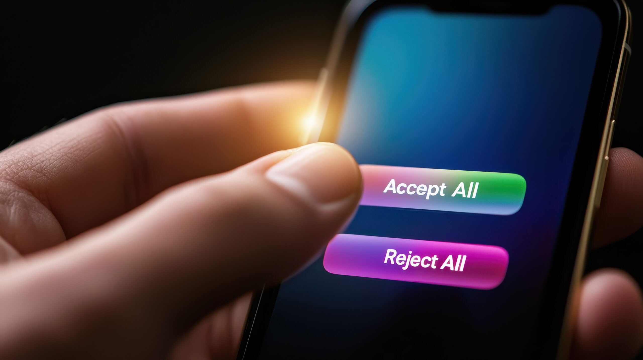 A hand holds a smartphone displaying two prominent buttons on the screen: "Accept All" in green and "Reject All" in pink, suggesting a choice or consent action.