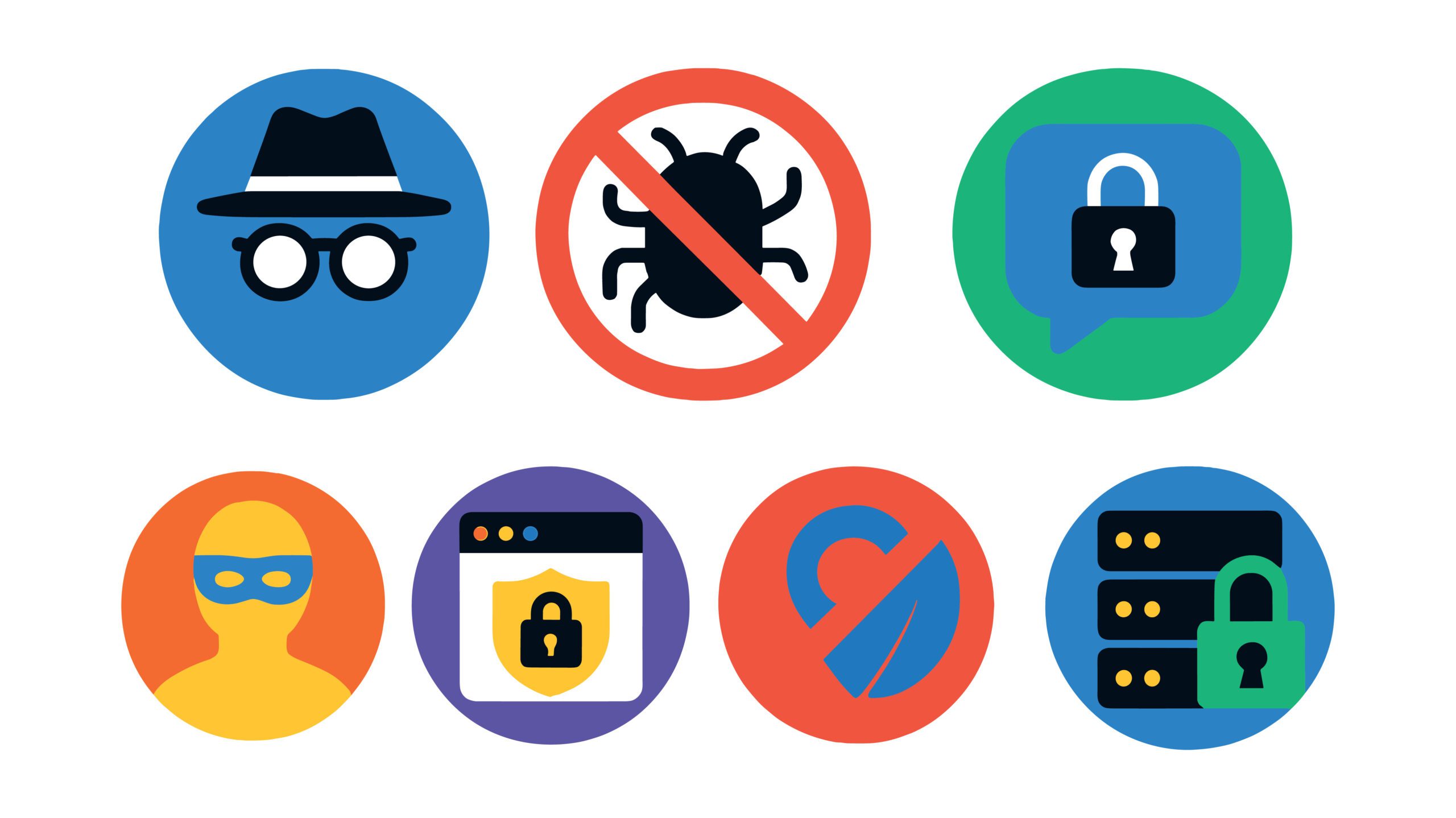 Seven colorful circular icons showing cybersecurity concepts: incognito/spy, no malware, lock in chat bubble, masked person, secure browser, blocked access, and locked servers, all on a white background.