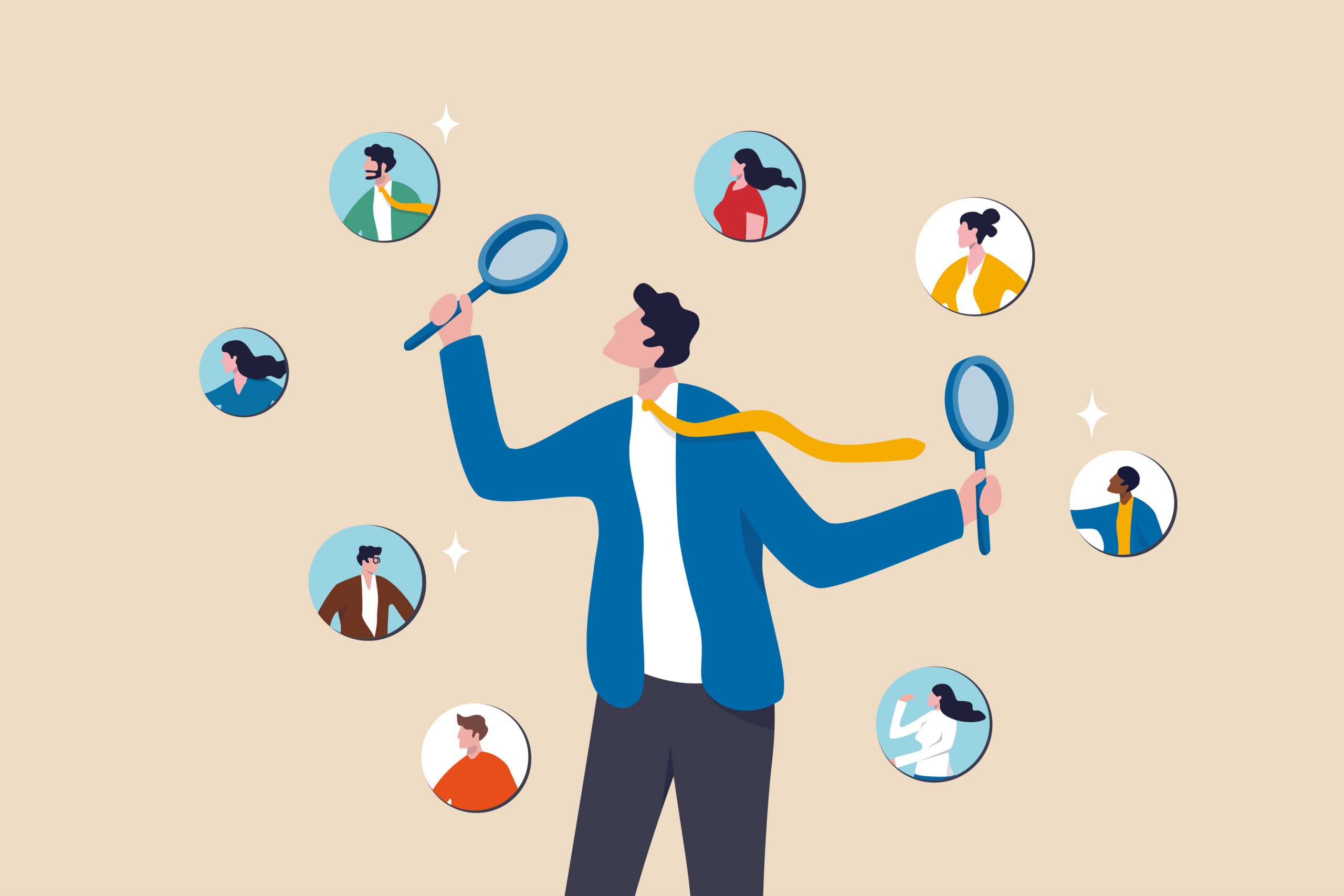 Illustration of a person holding two magnifying glasses, examining various profiles of people shown in circular frames around them, symbolizing searching or selecting candidates.