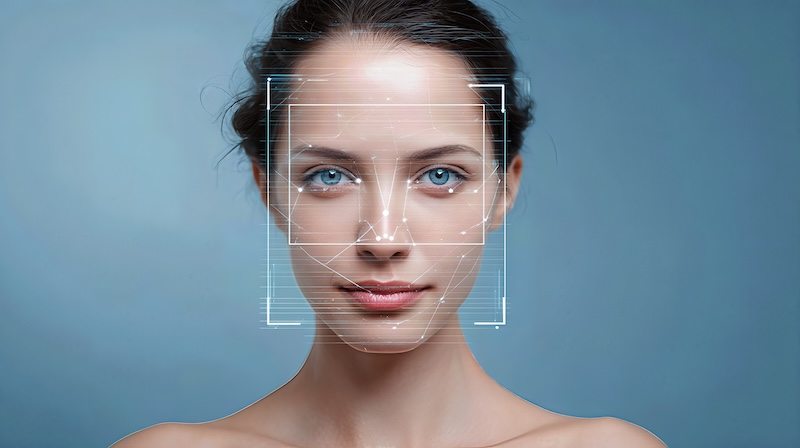 A woman with blue eyes looks at the camera. Digital facial recognition lines and shapes are overlaid on her face, set against a blue background, illustrating face-scanning technology.