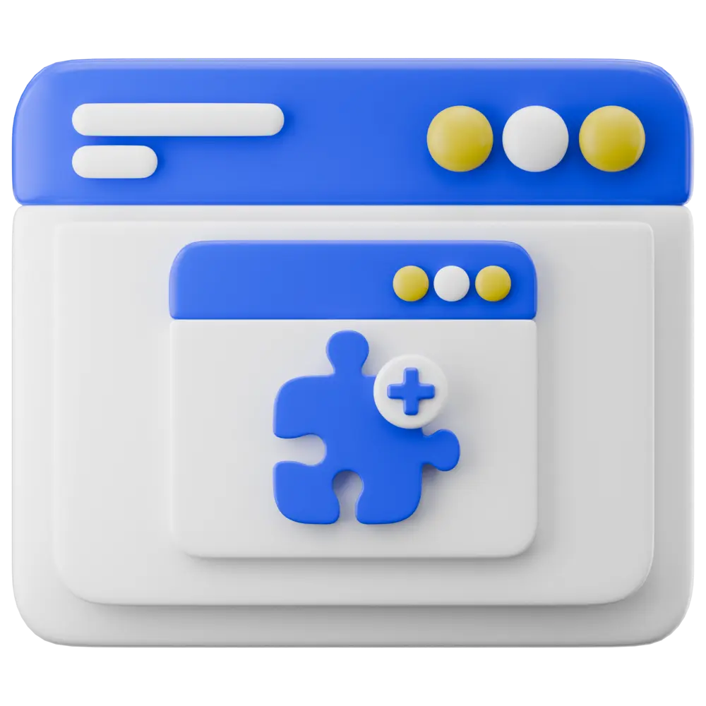 3D illustration of a web browser window with blue and yellow buttons, and a smaller window displaying a blue puzzle piece with a plus sign, symbolizing a browser extension or add-on.