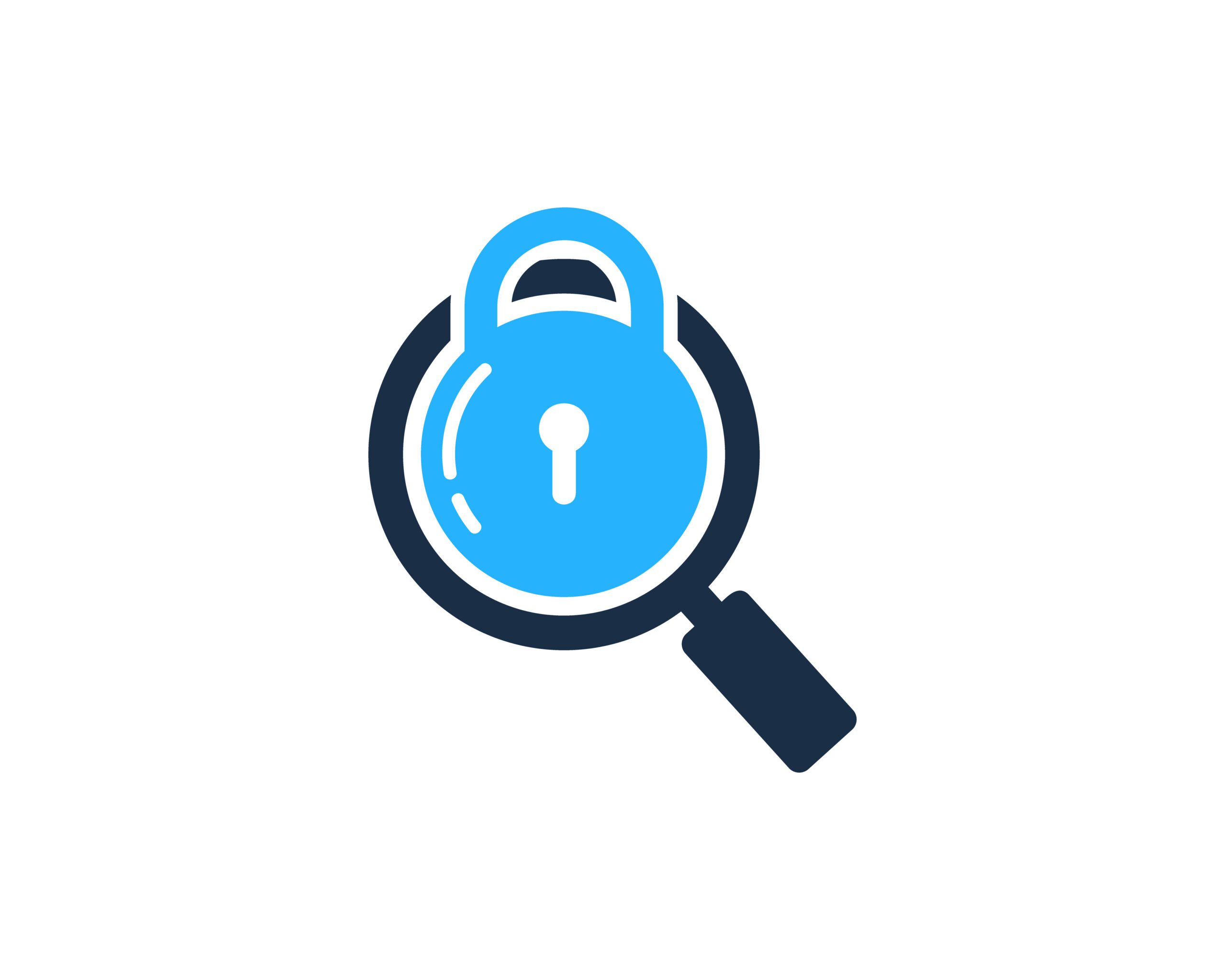 A magnifying glass focuses on a blue padlock, symbolizing security search or data protection analysis, on a white background.