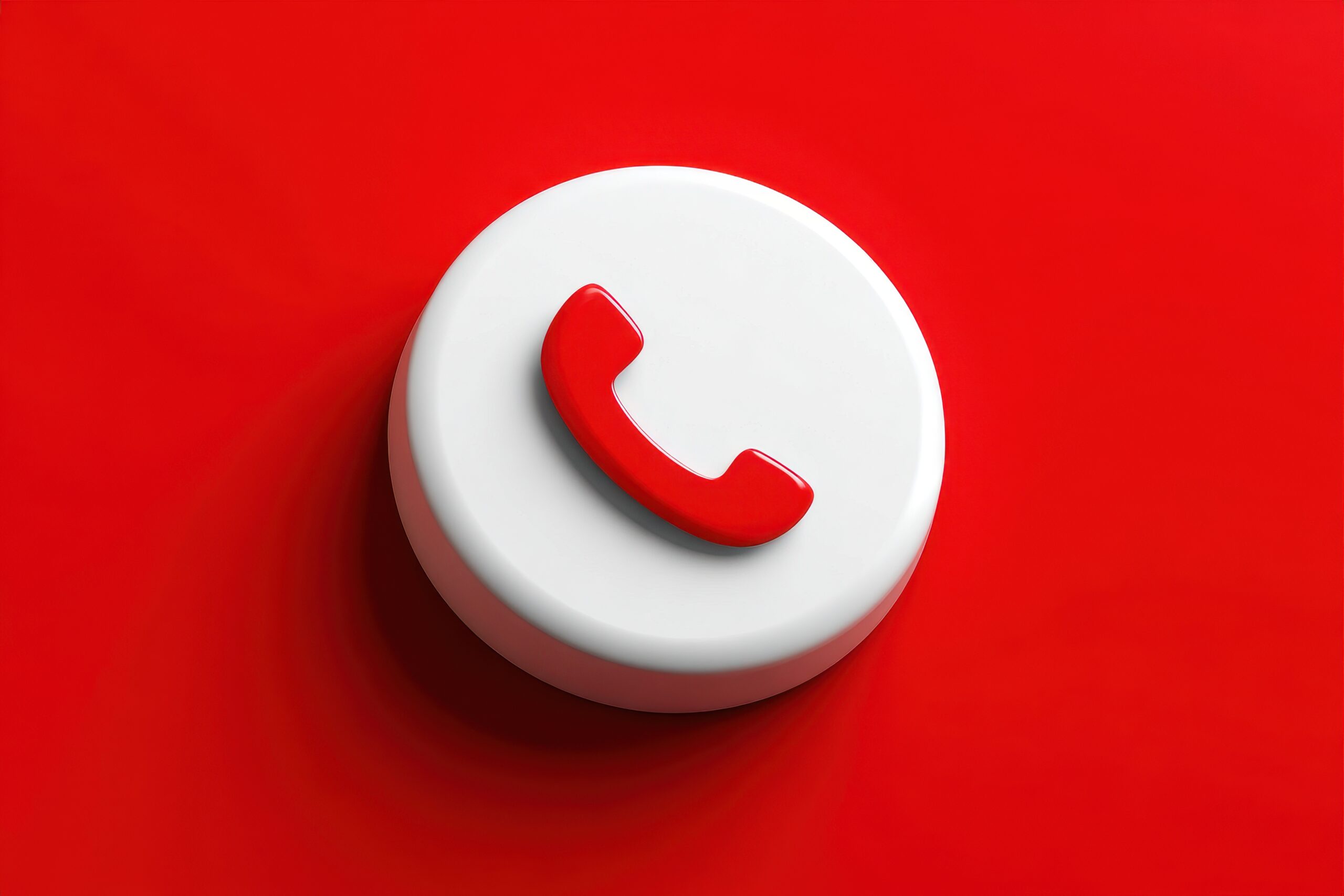 A white circular button with a red telephone handset icon on it, set against a bright red background.