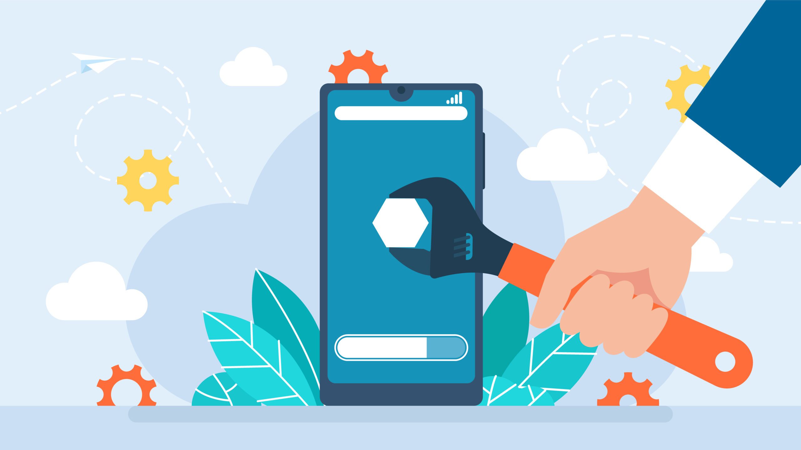 Illustration of a hand holding a wrench in front of a smartphone with a progress bar, gears, leaves, and clouds, symbolizing app maintenance or development.