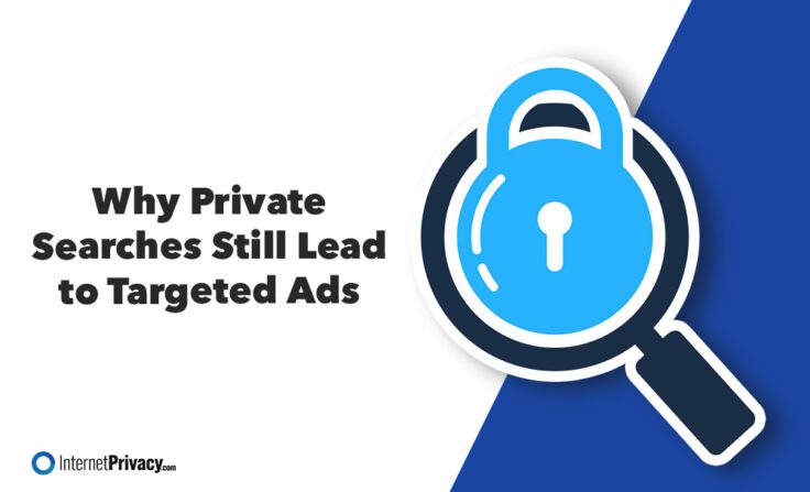 A graphic featuring a blue padlock inside a magnifying glass, highlighting Private Searches, next to the text "Why Private Searches Still Lead to Targeted Ads" on a white and blue background.