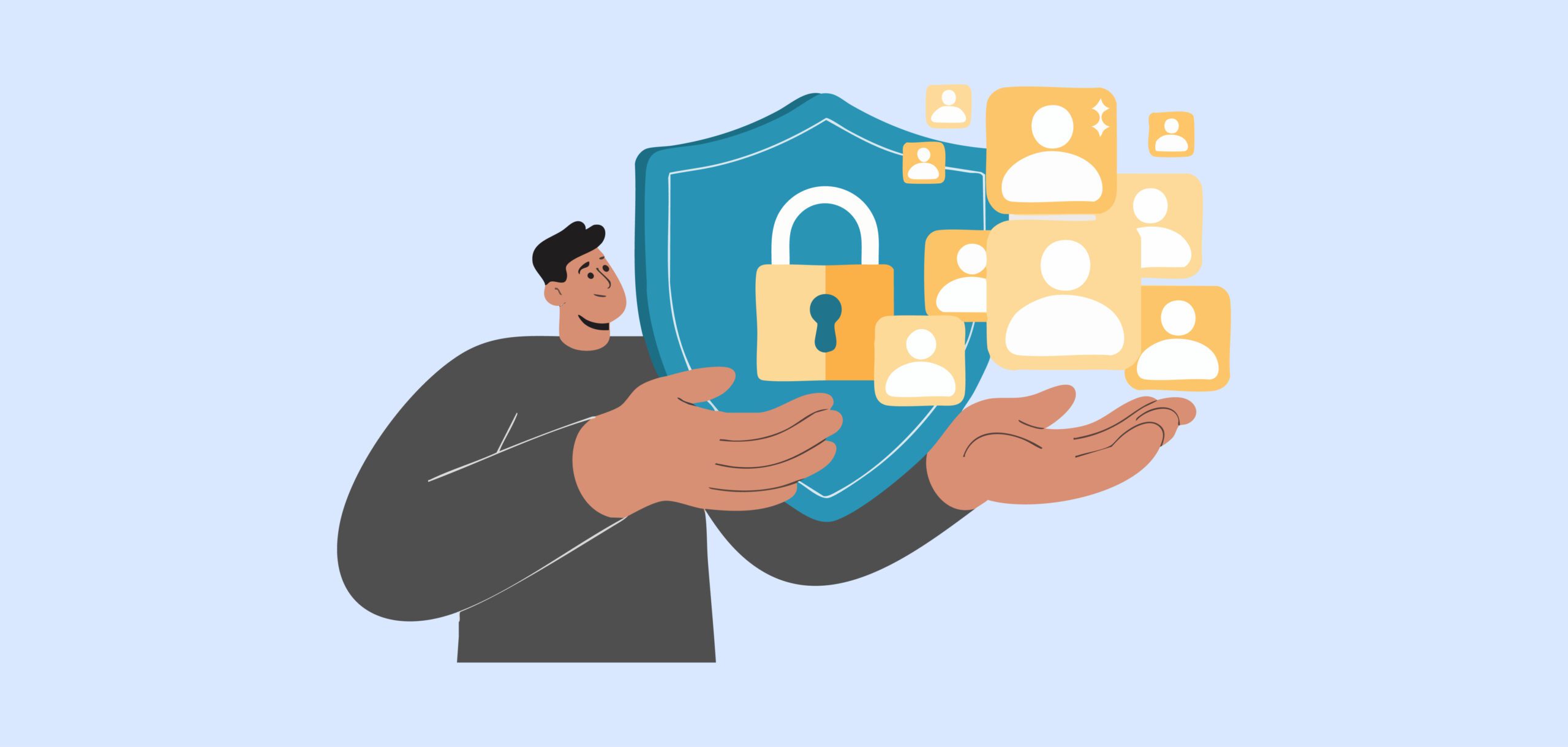 Illustration of a person holding a shield with a padlock and a group of user profile icons, symbolizing data protection and privacy.