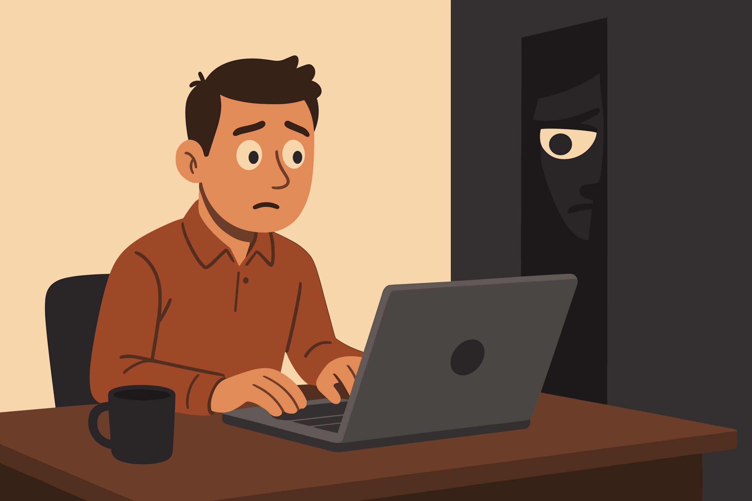 A worried man types on a laptop at a desk while a shadowy figure with eyes watches him suspiciously from a dark doorway or corner. There is a coffee mug on the desk next to him.