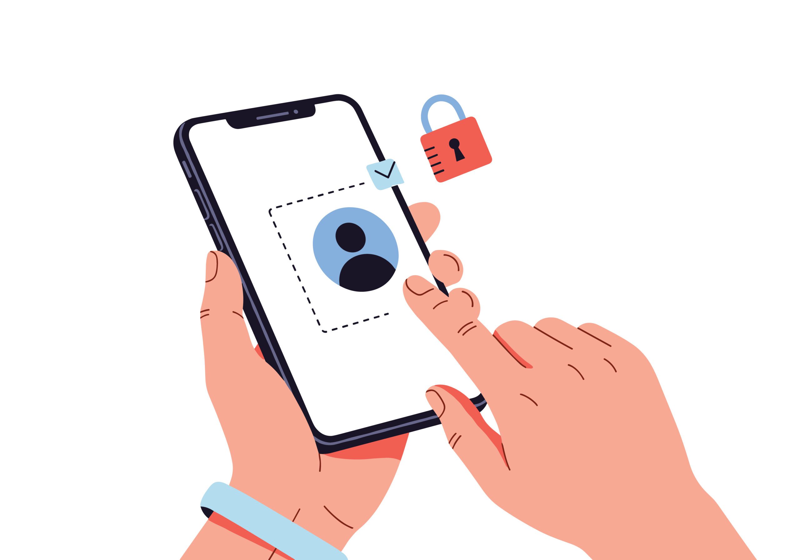 A person holds a smartphone displaying a user profile icon, while a hand taps the screen. A red padlock icon floats nearby, symbolizing account security or privacy.