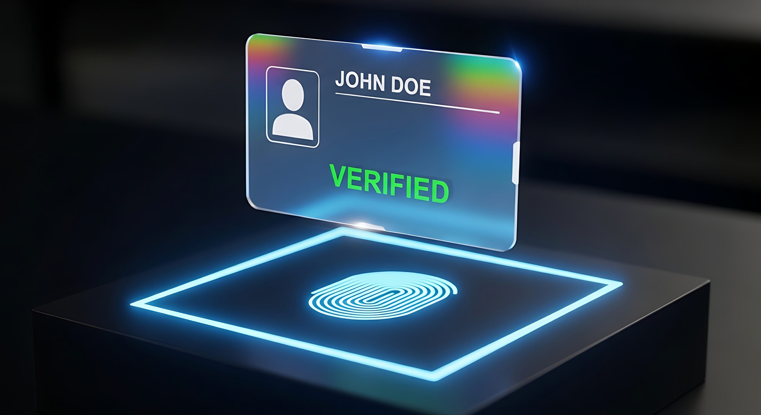 A digital fingerprint scanner projects a holographic ID card displaying a user called "John Doe" with the word "VERIFIED" in green text, symbolizing successful identity verification.