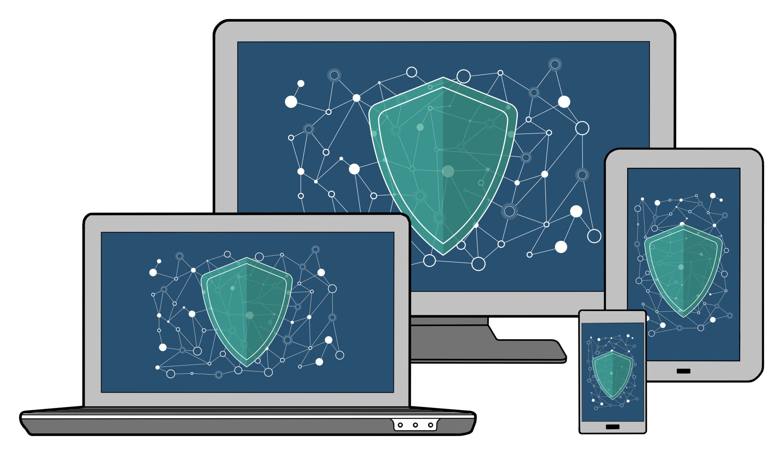 A laptop, desktop monitor, tablet, and smartphone display a digital green shield with network lines and nodes, symbolizing cybersecurity protection across multiple devices.