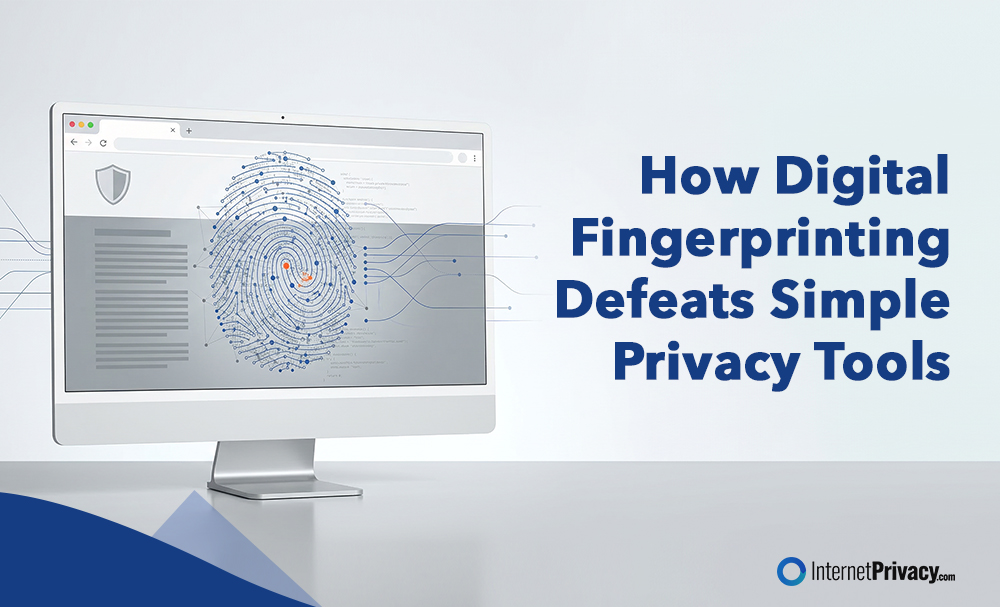 A computer monitor shows a digital fingerprint graphic with data lines, highlighting Digital Fingerprinting. Text reads, “How Digital Fingerprinting Defeats Simple Privacy Tools.” The InternetPrivacy.com logo appears in the bottom right corner.