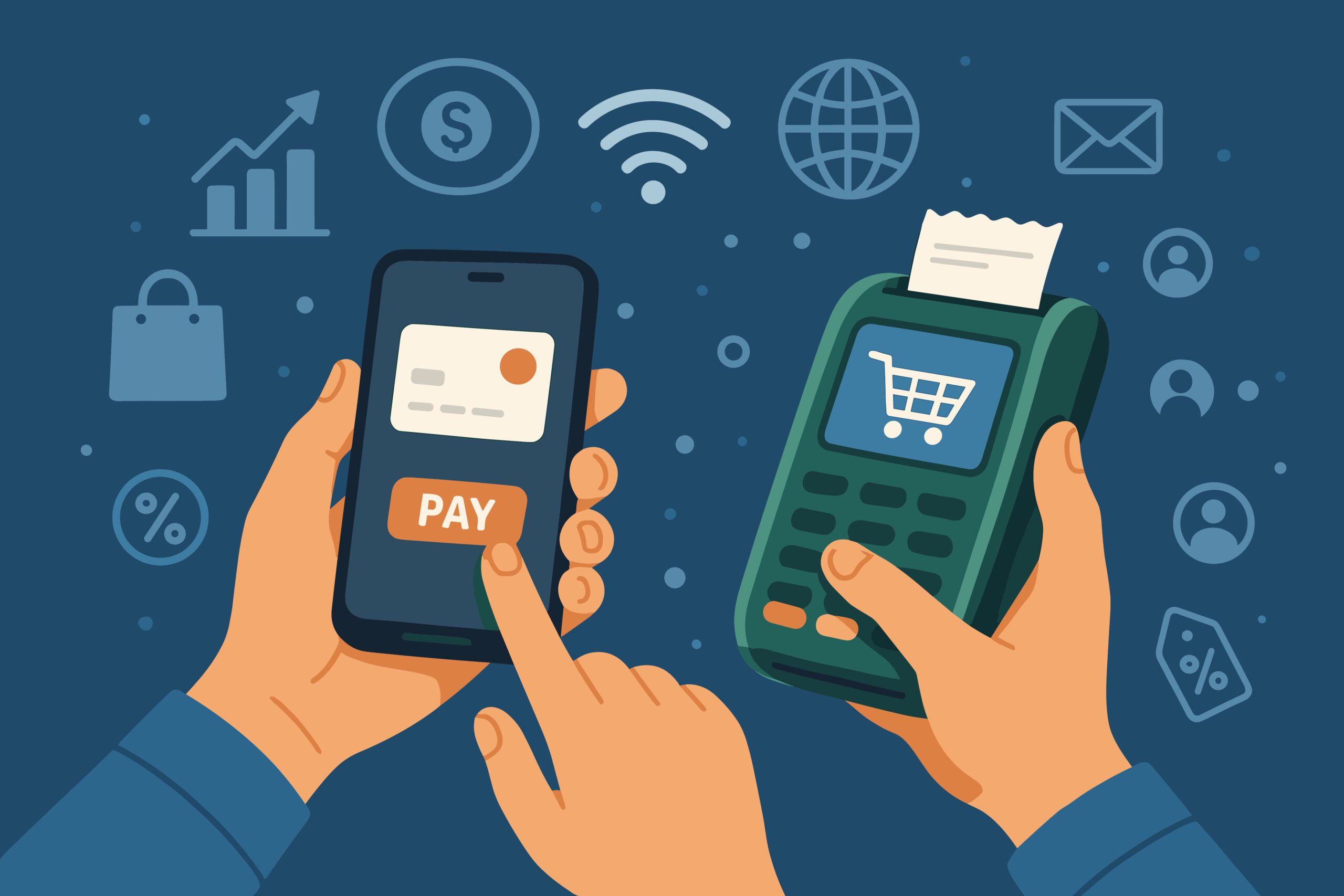Illustration of a person using a smartphone to make a contactless payment by pressing "Pay," while another hand holds a payment terminal with a receipt. Various digital and financial icons are in the background.